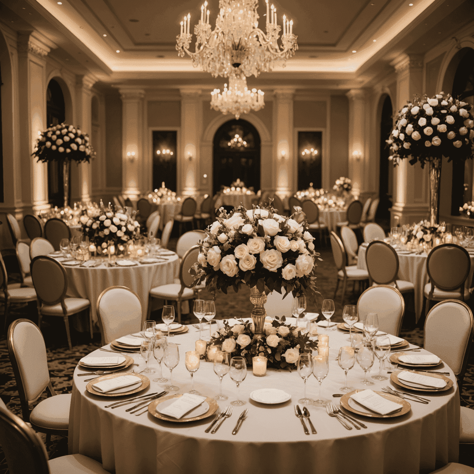 An elegantly decorated wedding reception venue with floral centerpieces, soft lighting, and luxurious table settings