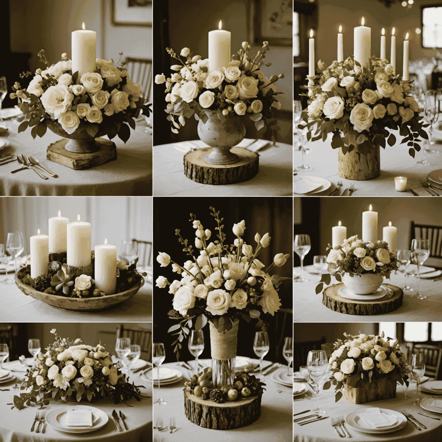 A collage of various unique and creative wedding centerpiece ideas, including floral arrangements, candles, and unconventional designs.