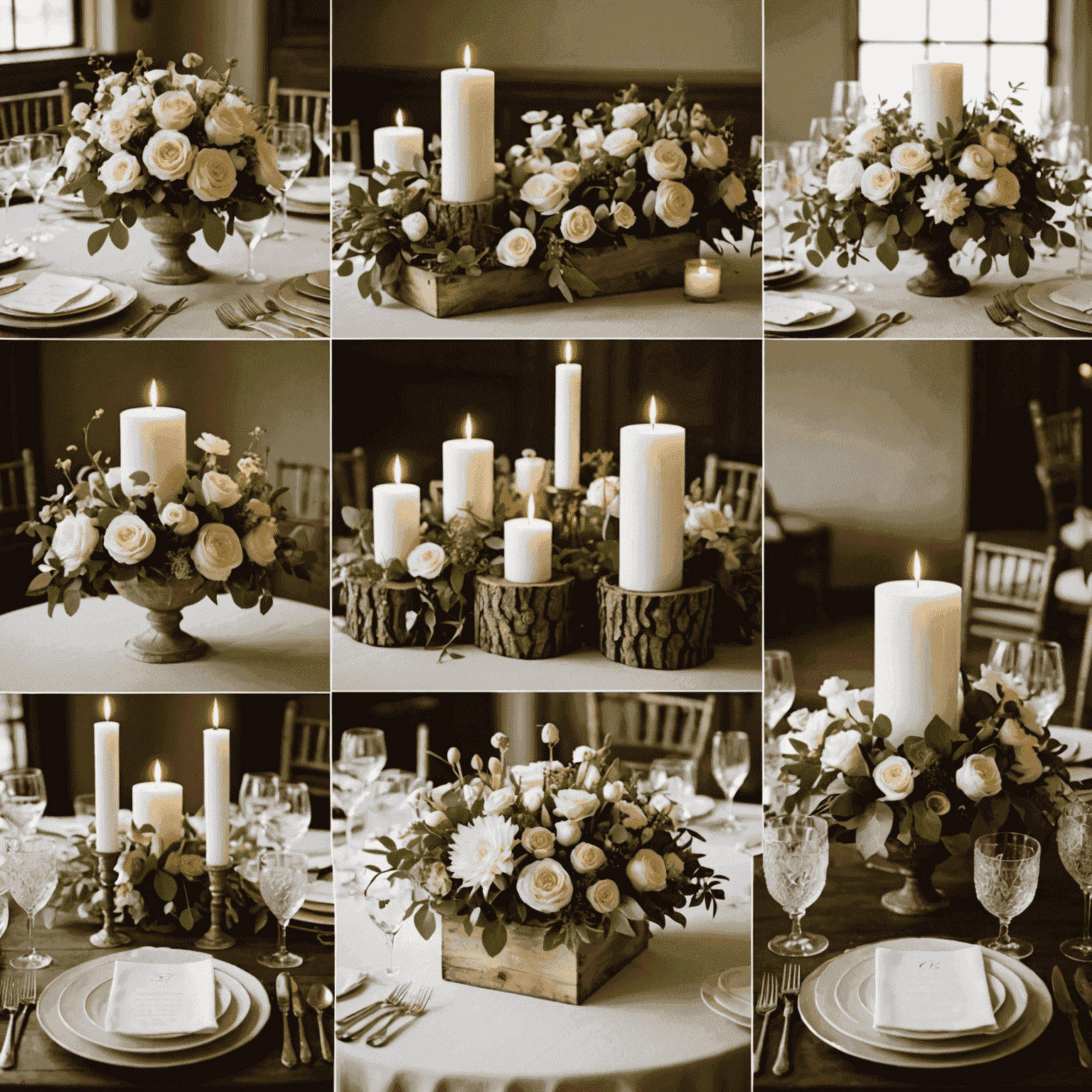 A collage of various unique and creative wedding centerpiece ideas, including floral arrangements, candles, and unconventional designs