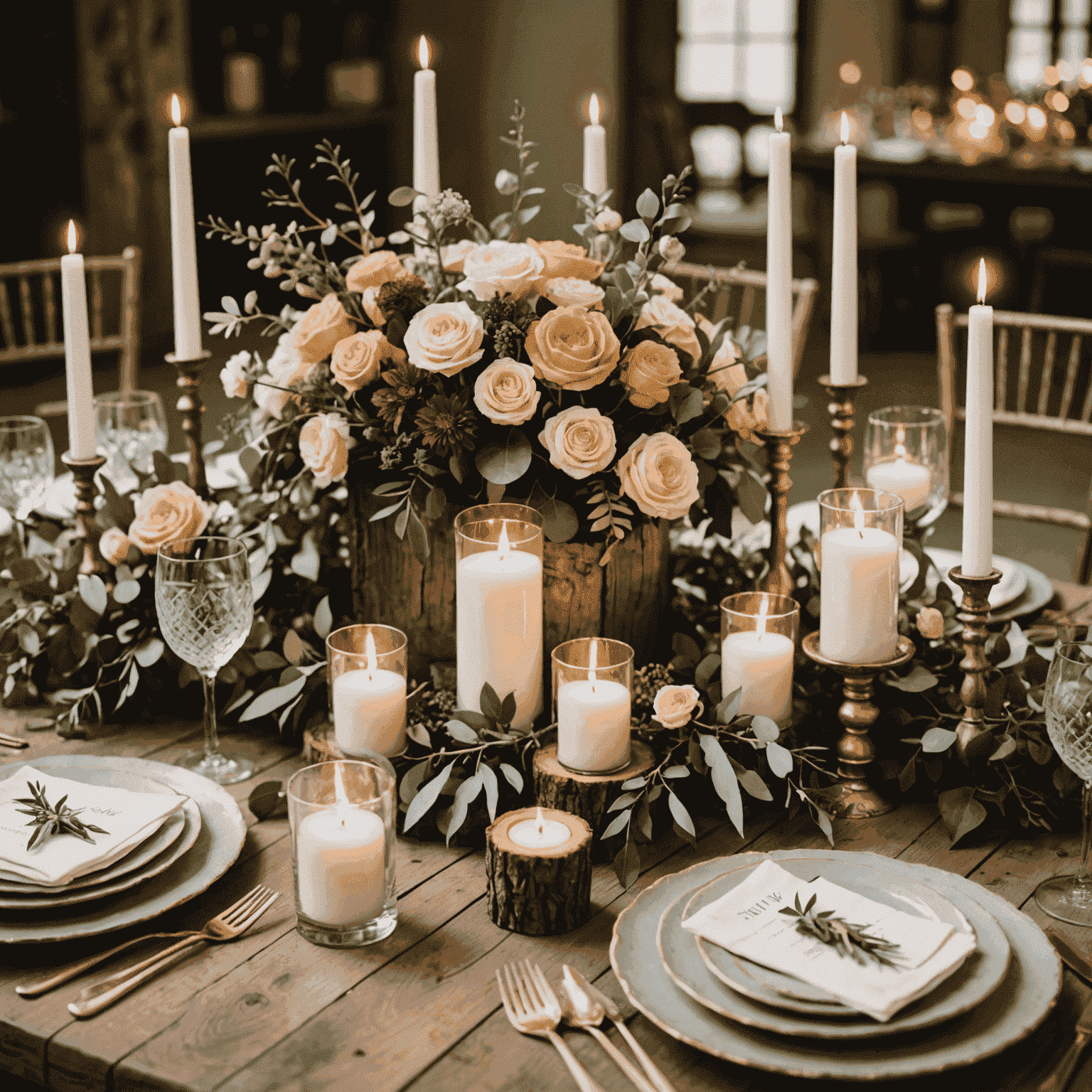 A beautifully decorated wedding reception table with a unique centerpiece featuring a mix of flowers, candles, and rustic elements