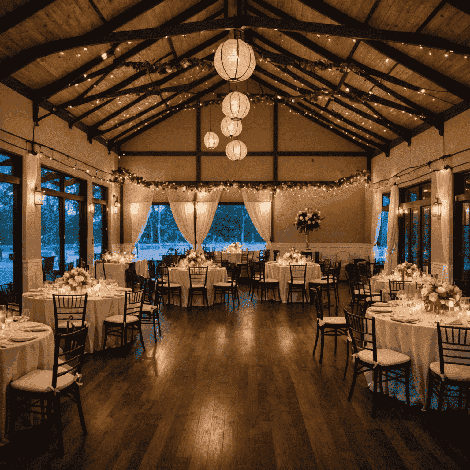 A beautifully lit wedding reception venue with warm, soft lighting creating a romantic and inviting atmosphere. Spotlights highlight the head table and dance floor, while string lights and lanterns add a magical touch.