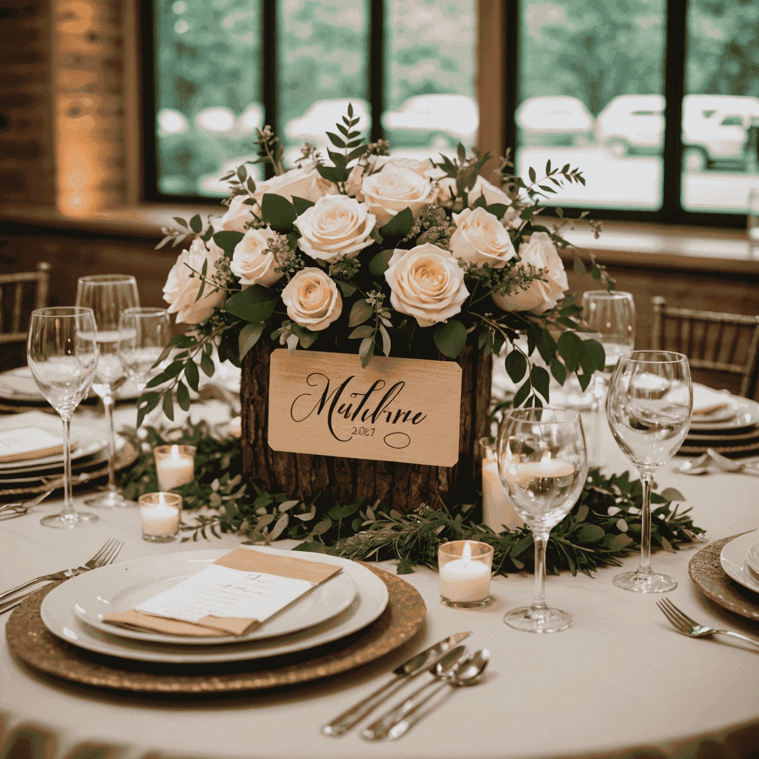 A beautifully decorated wedding reception table with personalized details such as custom place cards, favors, and a unique centerpiece that reflects the couple's style and story