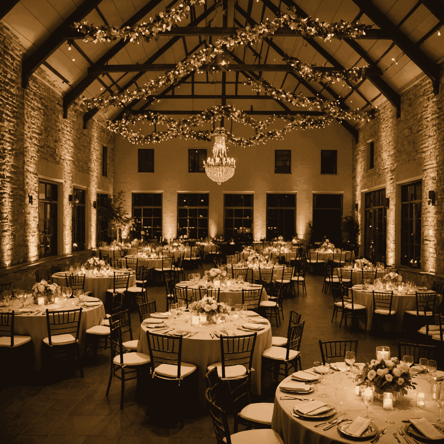 A beautifully lit wedding reception venue, showcasing the use of lighting to create ambiance and highlight key areas.