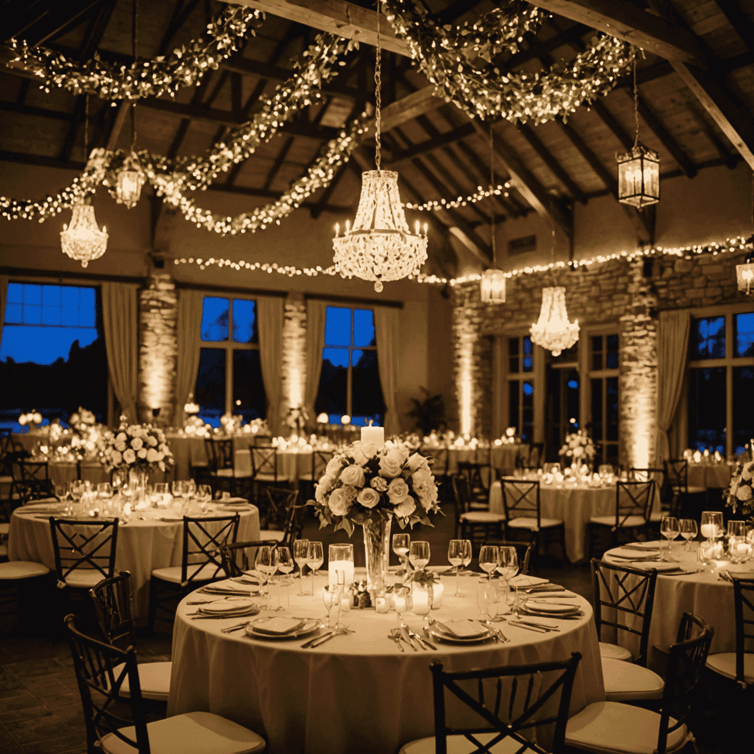 A beautifully lit wedding reception venue, showcasing the use of lighting to create ambiance and highlight key areas