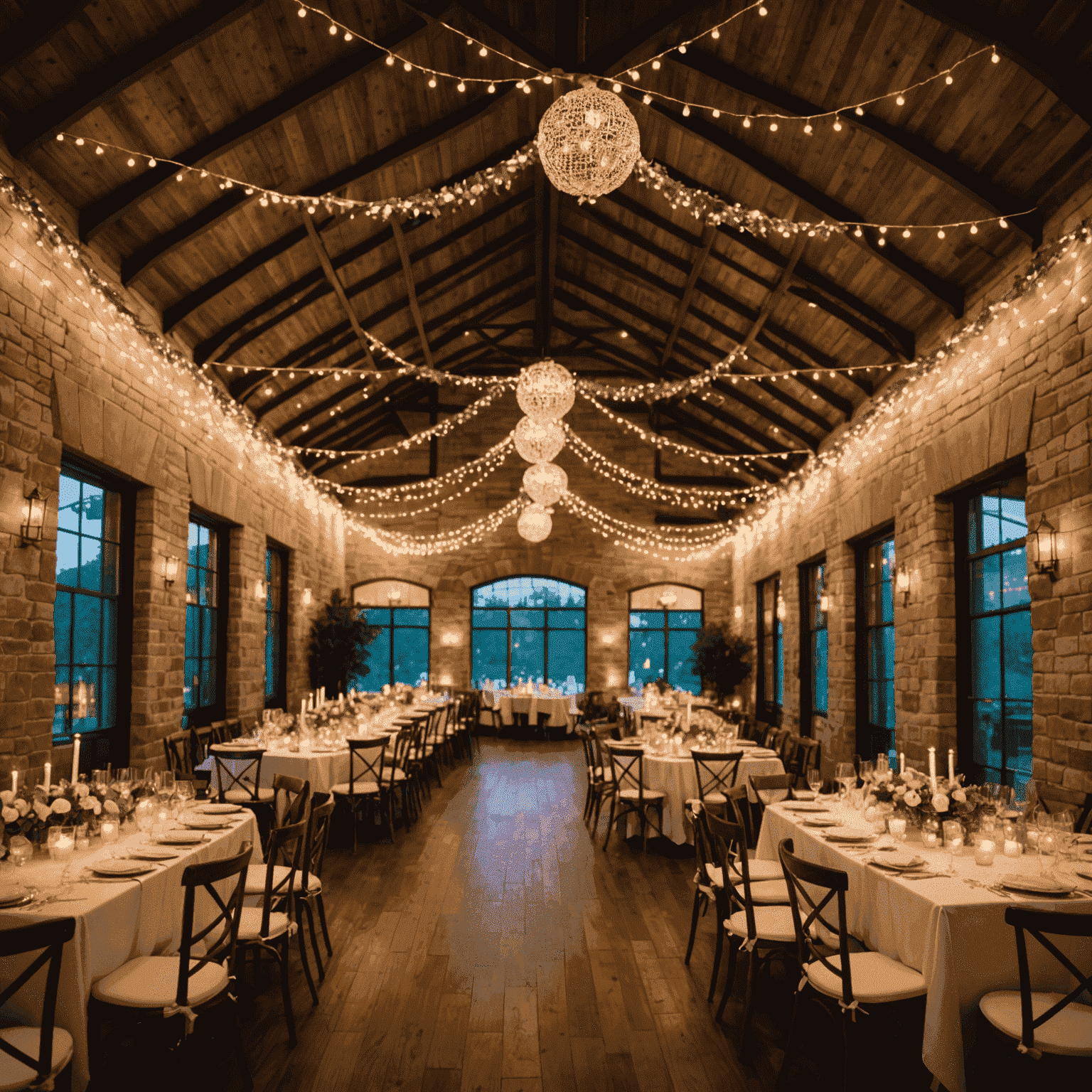 A wedding reception venue decorated with twinkling string lights, creating a warm and magical ambiance. The lights are draped elegantly across the ceiling and walls, casting a soft glow over the guests.