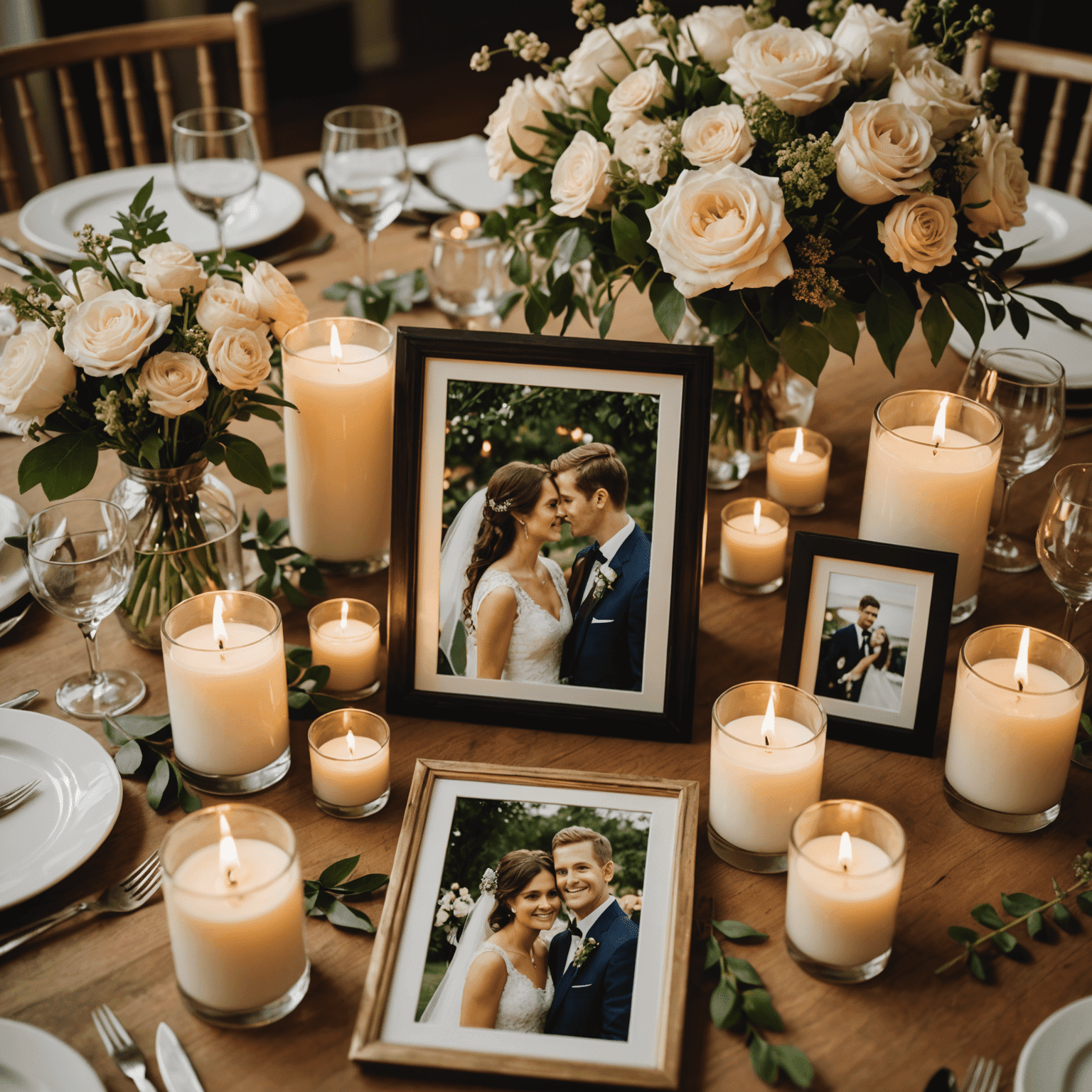 A wedding reception table with framed photos of the couple as the centerpiece, surrounded by flowers and candles