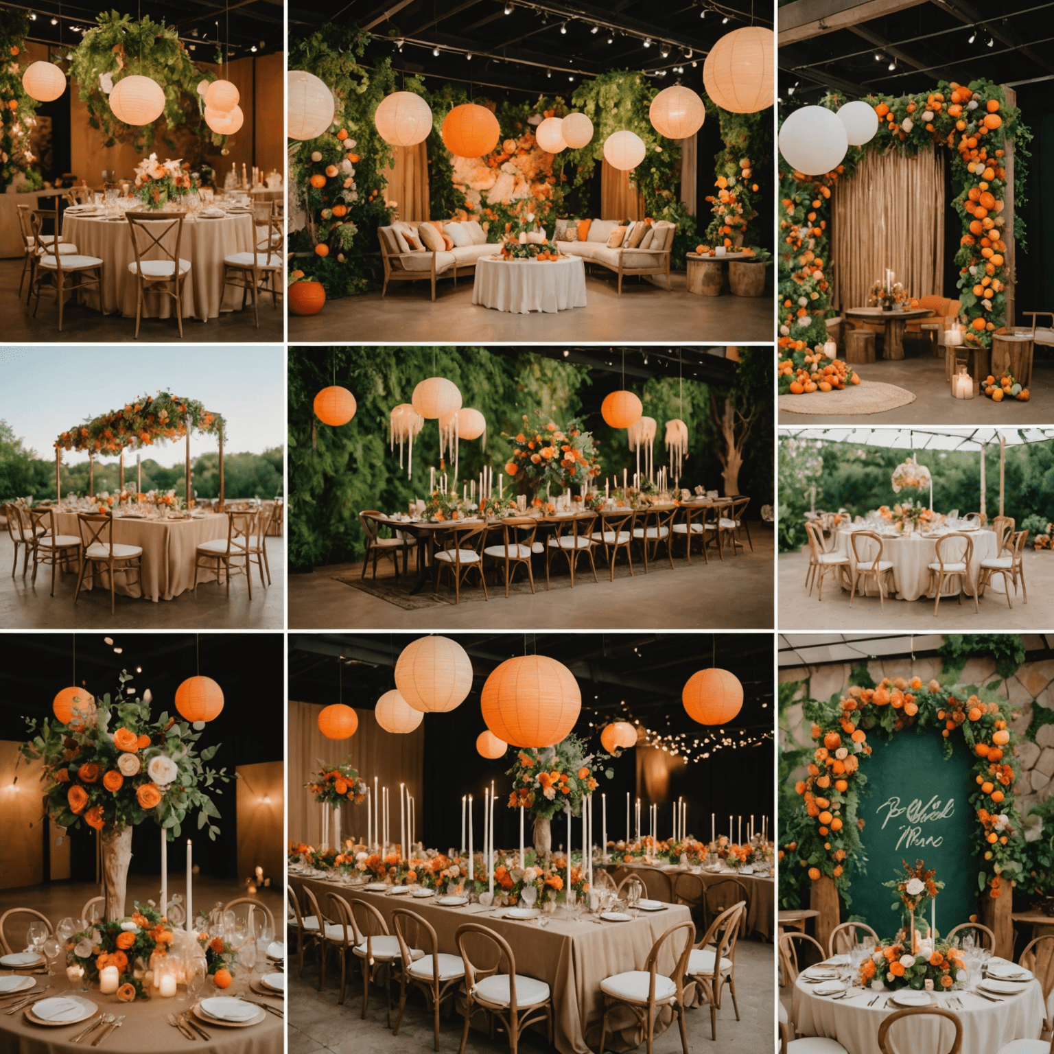 A collage showcasing the latest wedding reception decor trends for 2024, including bold color palettes and interactive installations